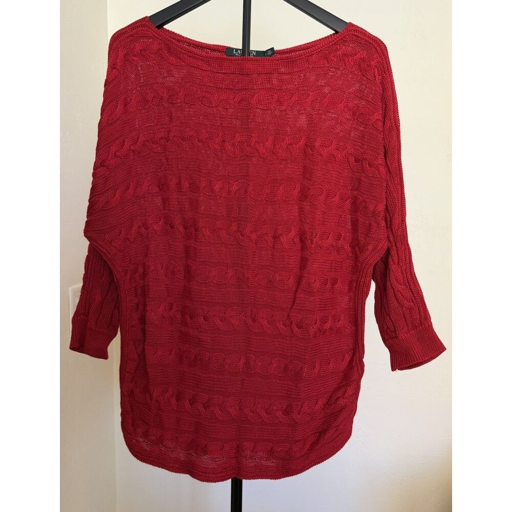 Lauren Ralph Lauren Women’s L Cable-Knit Boat Neck Sweater 3/4 Sleeve Red